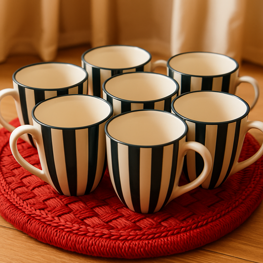 Striped Blue-White Ceramic Coffee Mug Set, 400ml | Set of 6